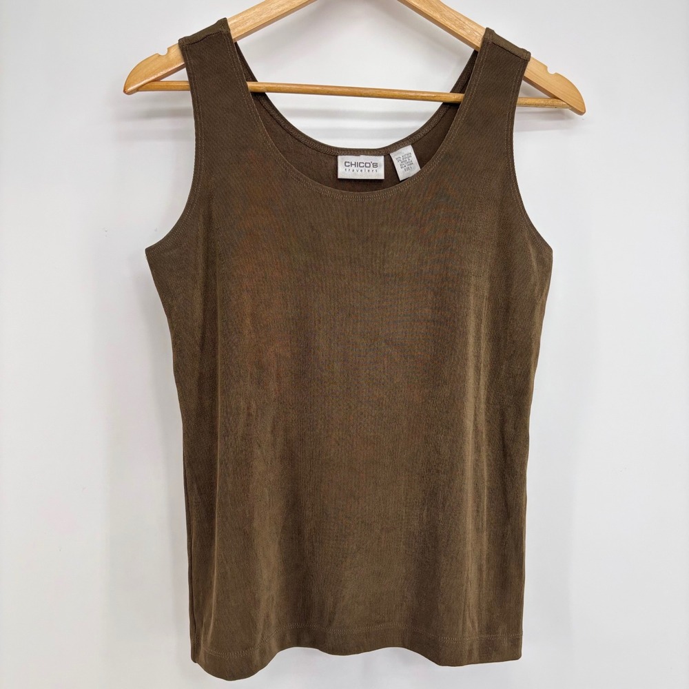 Chicos VTG Travelers Brown Scoop Neck Tank Top Size 1 Medium Stretch Sleeveless